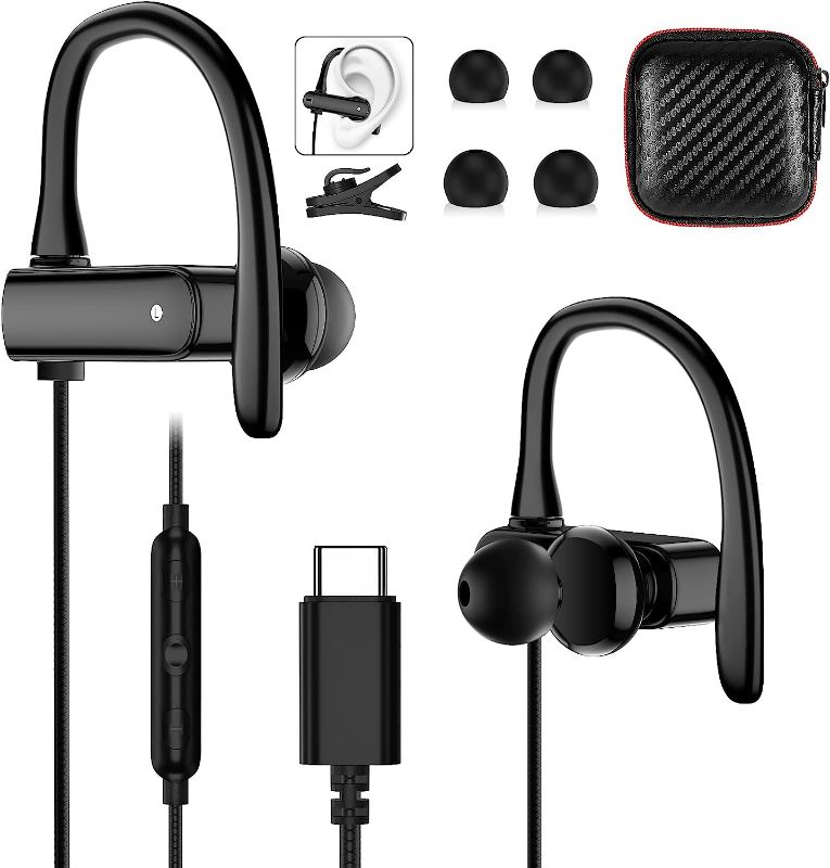 Photo 1 of USB C Headphone for Samsung Galaxy S22 Ultra S23 Plus S21 FE A53 A54,Type C Earphone with Microphone Anti-Drop Earhook Workout USB-C Headset Gym Wired Earbud for iPad 10 Pro Air Google Pixel 7 7A 6A 6
