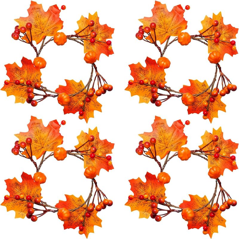 Photo 1 of Tongcloud 4pcs Candle Rings Wreaths Halloween Pumpkin Maple Leaf Candle Holder Rings with Berries Artificial Candle Garland for Table Wedding Parties Thanksgiving Halloween Decor
