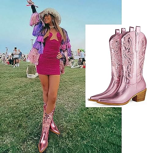 Photo 1 of Women's Cowgirl Embroidered Mid-Calf Western Boots, Pointed Toe Medium Block Chunky Heel 6cm Stitching Pull On Cowboy Boots for Ladies
