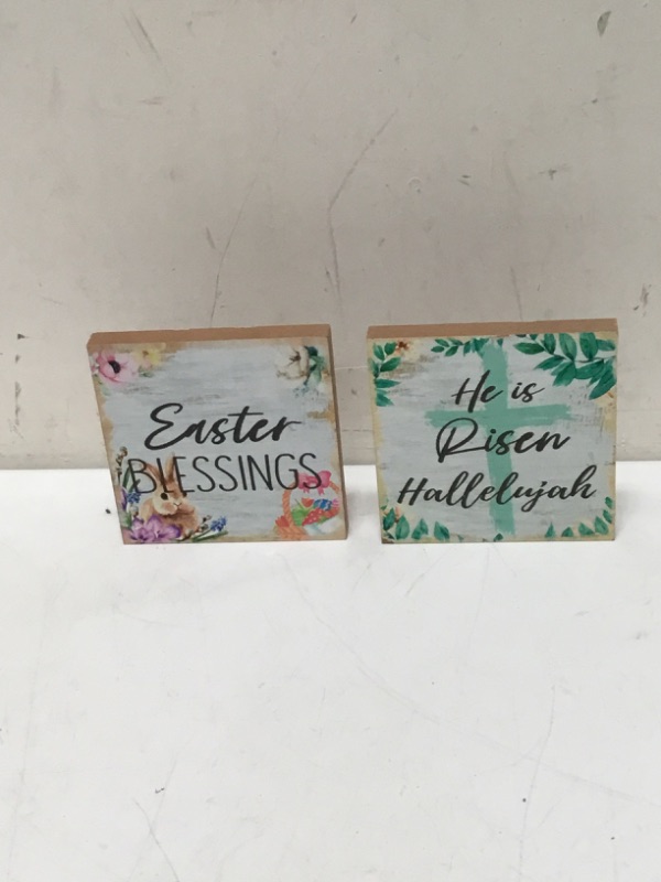 Photo 2 of 2 Pieces Easter Wooden Plaque Decoration Easter Christian Wooden Sign Easter Blessings and He Is Risen Hallelujah Rustic Easter Religious Wood Table Decoration for Wall Door Room Home Decor
