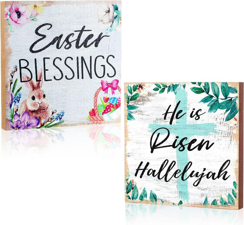 Photo 1 of 2 Pieces Easter Wooden Plaque Decoration Easter Christian Wooden Sign Easter Blessings and He Is Risen Hallelujah Rustic Easter Religious Wood Table Decoration for Wall Door Room Home Decor
