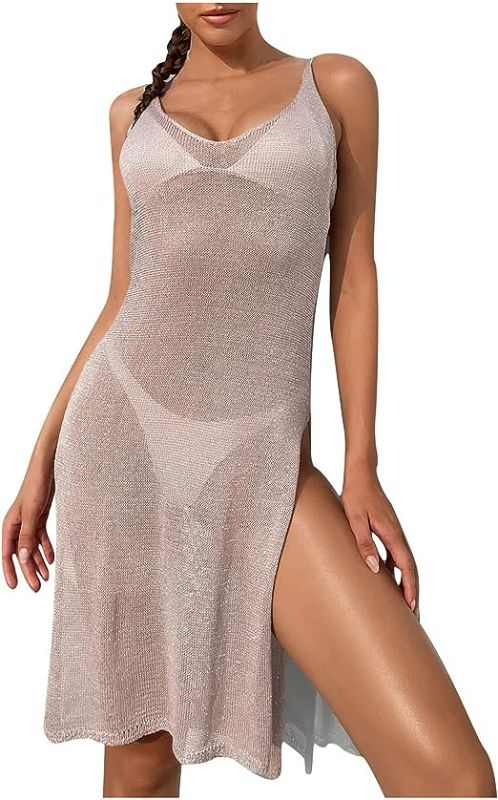 Photo 1 of wodceeke Womens Beach Swimsuit Coverups Knitted Open Back Slit Bikini Sunscreen Dress
