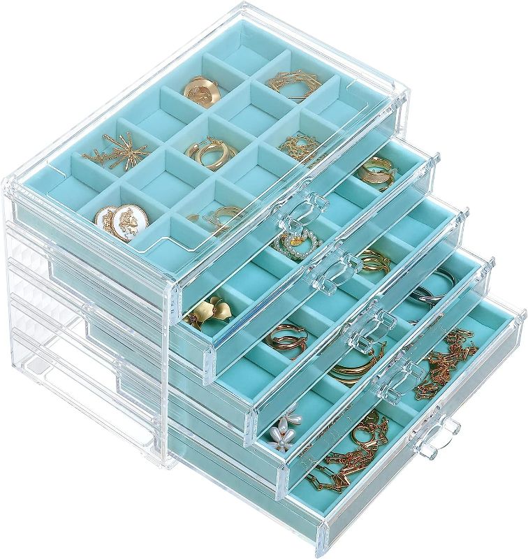 Photo 1 of misaya Earring Jewelry Organizer, 5 Drawers Clear Acrylic Jewelry Box for Women, Velvet Earring Display Holder for Earrings Ring Bracelet Necklace, Birthday Gift, Gift, Turquoise
