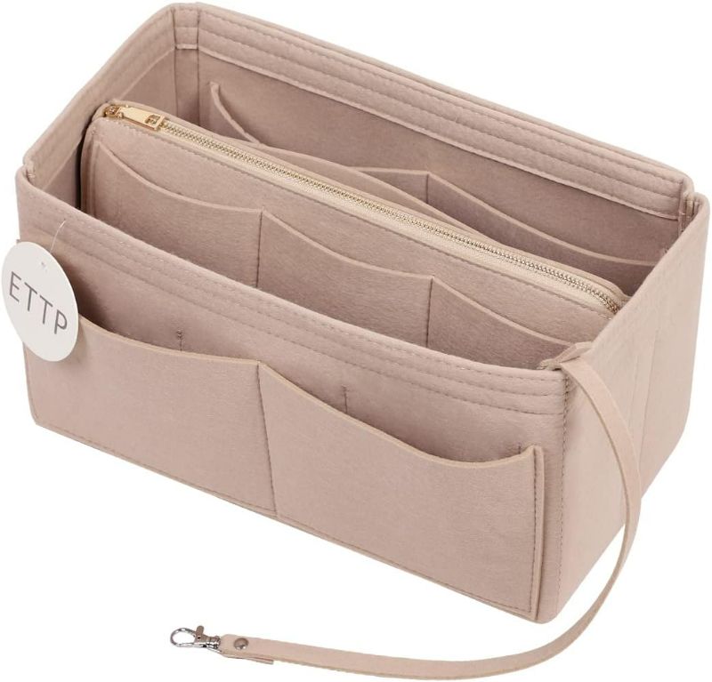 Photo 1 of  Purse Organizer Insert, Felt Tote Organizer Insert With Metal Zipper, Handbag Organizer For Speedy, Neverfull, Tote, Handbag, 7 Colors 5 Sizes, Beige, Large
