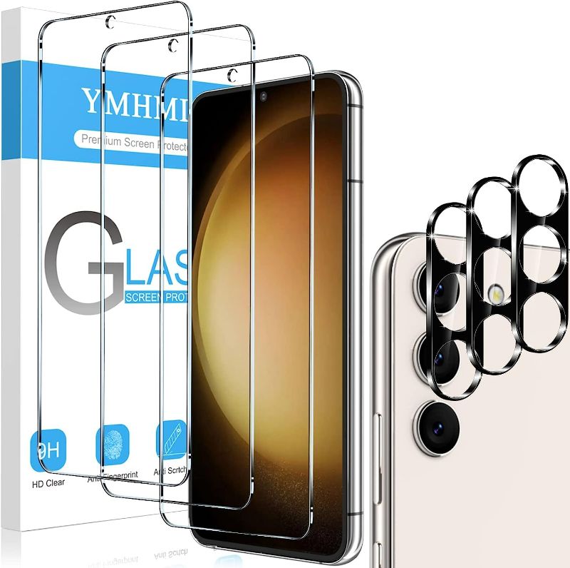 Photo 1 of YMHML 3 Pack for Samsung Galaxy S23 Screen Protector Tempered Glass Upgrade Fingerprint Unlock Compatible with 3 Pack Camera Lens Protector, HD Clear Case Friendly Full Screen Protector for Galaxy S23
