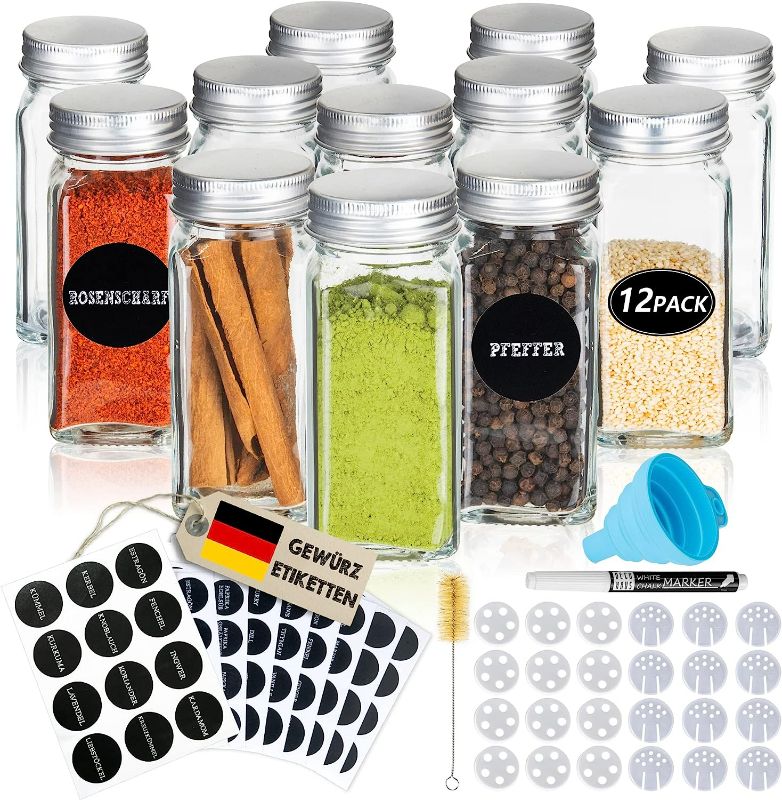 Photo 1 of Deco Haus Set of 12 Spice Jars with Screw Lid – Spice Kit with Labels, Funnel, Brush, Marker – Suitable for Our Set of Shelves – Glass Storage Jar 120 ml, 10.5 x 4.2 cm
