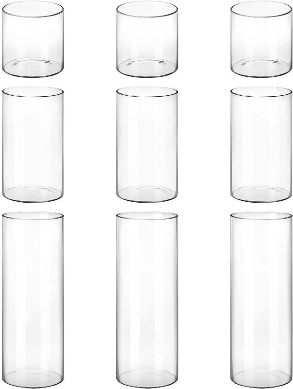 Photo 1 of CUCUMI 9 Pack Glass Cylinder Vase 4, 8,12 Inch Tall Clear Vases for Wedding Centerpieces Hurricane Candle Holder Flower Glass Vases for Party Event Home Office Decor
