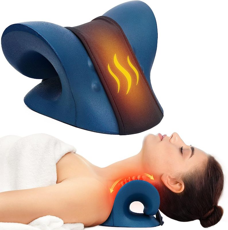 Photo 1 of Cozyhealth Neck Stretcher for Neck Pain Relief, Heated Cervical Traction Device Pillow with Graphene Heating Pad, Neck and Shoulder Relaxer for TMJ Pain Relief and Cervical Spine Alignment(Dark Blue)
