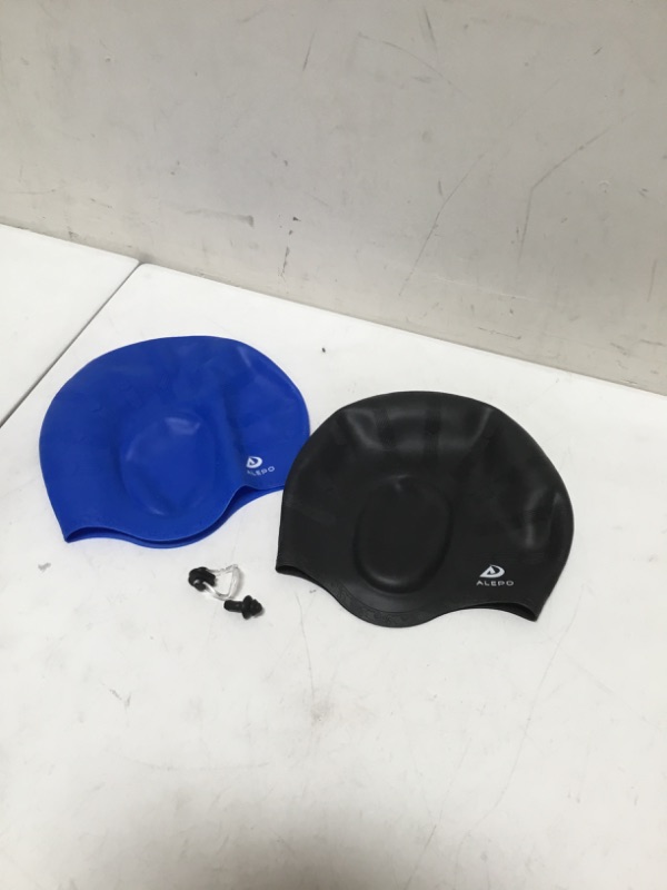 Photo 2 of ALEPO Swim Cap 2 Pack (Black & Blue) With Nose And Ear Plugs
