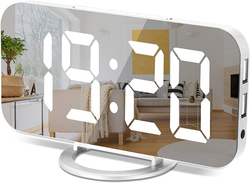 Photo 1 of Digital Alarm Clock,6" Large LED Display with Dual USB Charger Ports | Auto Dimmer Mode | Easy Snooze Function, Modern Mirror Desk Wall Clock for Bedroom Home Office for All People (White)
