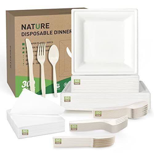 Photo 1 of Gezond Compostable Paper Plates Set 300 Pieces Disposable Plates 10-inch Eco-friendly Paper Plates Heavy-duty Utensils and Napkins for Party, Made From Sugarcane Pulp
