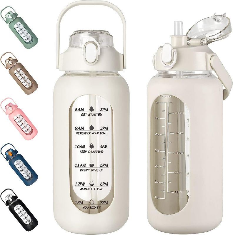 Photo 1 of kytffu 42oz/56oz/64oz Glass Water Bottles with Straw, Motivational Glass Bottle with Silicone Sleeve and Time Marker, Leakproof Large Glass Water Jug for Gym Home Office
