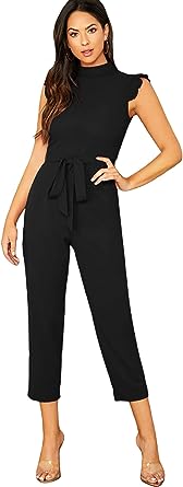 Photo 1 of WDIRARA Women's Sleeveless Mock Neck Ruffle Trim Belted Cropped Jumpsuit Romper (XS)
