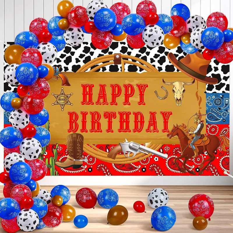 Photo 1 of 54Pcs Western Cowboy Birthday Party Decorations, Cowboy Happy Birthday Banner Backdrop Wild Western Cowboy Theme Balloons Arch Bandana Balloons Cowboy Birthday Party Supplies for Boys Girls Men Women
