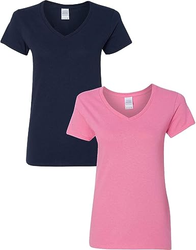 Photo 1 of Gildan Heavy Cotton Ladies' 5.3 oz. V-Neck T-Shirt 2-Pack LRG-Navy-Azalea (XL)