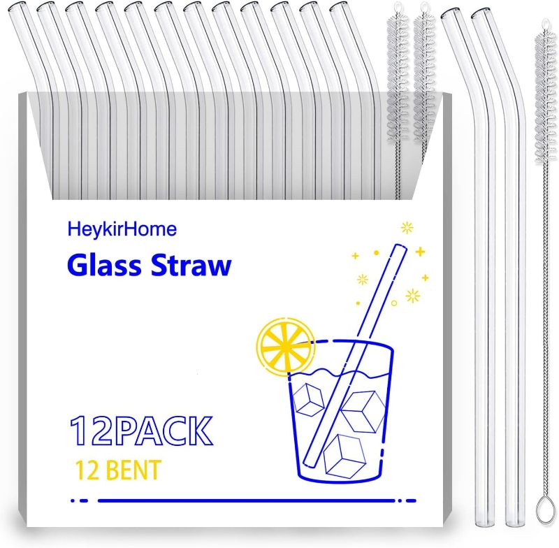 Photo 1 of HeykirHome 12-Pack Reusable Glass Straws,Size 8''x10 MM,Including12 Bent with 2 Cleaning Brush- Perfect For Smoothies, Tea, Juice
