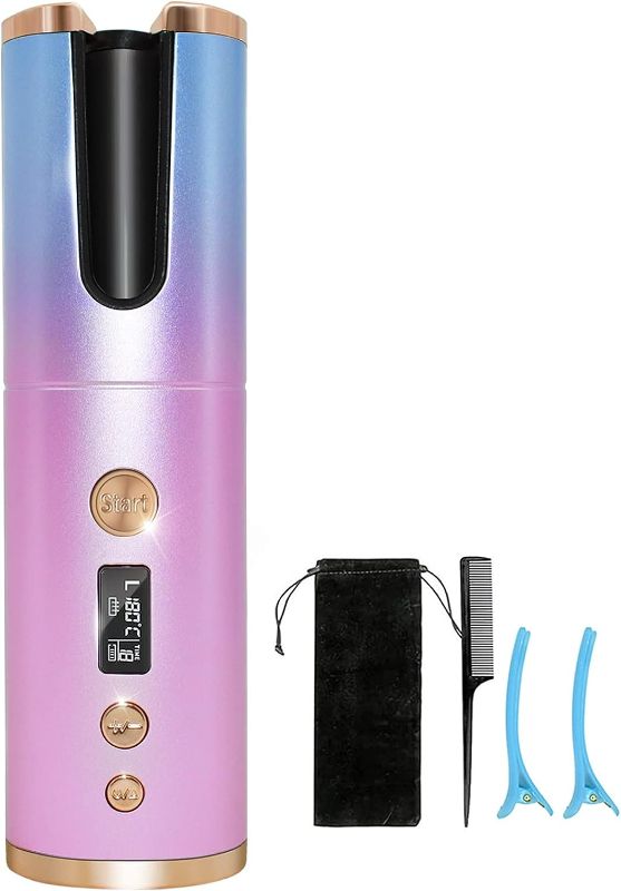 Photo 1 of Cordless Automatic Curling Iron, Auto Curling Iron with LCD Display Adjustable Temperature & Timer, Portable Ceramic Hair Curler USB Charging and Rechargeable (Multi-Colored)
