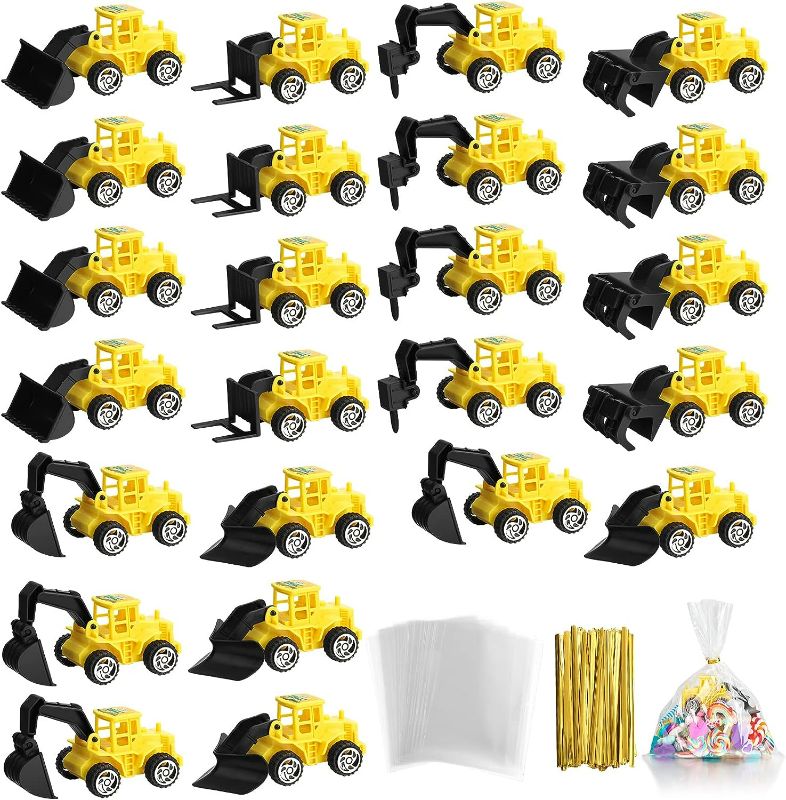 Photo 1 of Mini Construction Engineering Trucks Set, 24 Pcs Small Construction Toys and Treat Bags with Twist Ties for Cake Birthday Party Favors Construction Birthday Party Supplies

