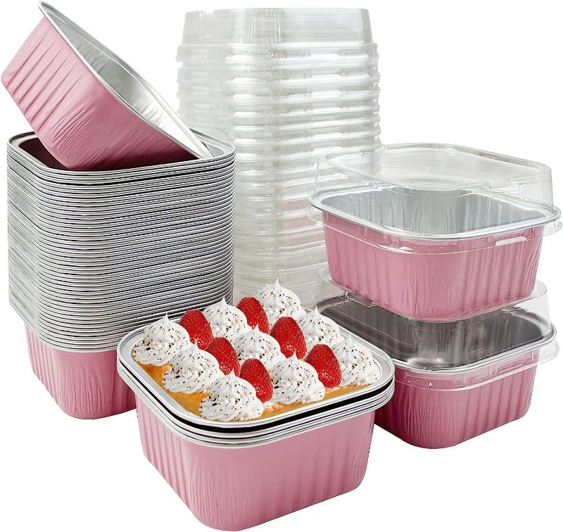 Photo 1 of 37 Pcs Aluminum Foil Mini Square Baking Cups with Lids,5oz Disposable Ramekins Cake Pans,Cupcake Baking Cups Containers for Bread Muffin Brownie Cheesecake,Pink
