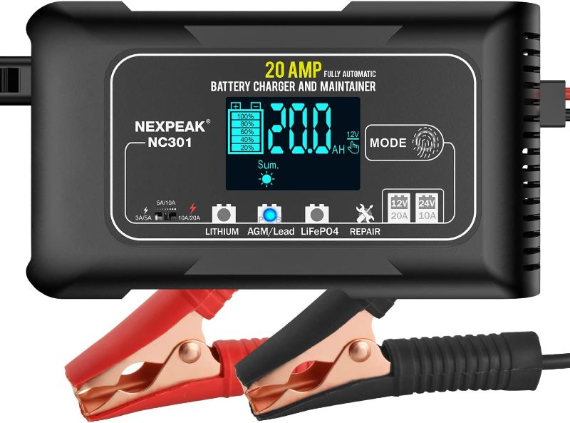 Photo 1 of 20-Amp Car Battery Charger, 12V and 24V Smart Fully Automatic Battery Charger Maintainer Trickle Charger w/Temperature Compensation for Car Truck Lawn Mower Boat Lead Acid Lithium LiFePO4 Batteries…
