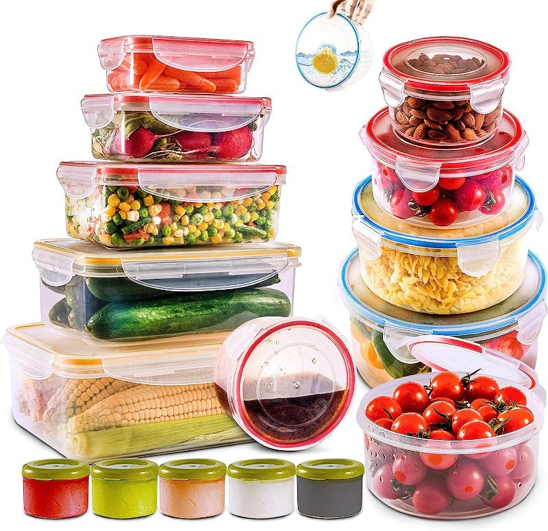 Photo 1 of 28 PCs Large Food Storage Containers with Airtight Lids-Freezer & Microwave Safe,BPA Free Plastic Meal Prep Containers & Kitchen set.Leak proof Lunch Containers-Snacks, Sandwich, Sauces & Bento box
