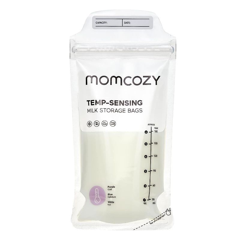 Photo 1 of Momcozy Breastmilk Storing Bags, Temp-Sensing Discoloration Milk Storing Bags for Breastfeeding, Disposable Milk Storage Bag with 6 Ounce Self Standing, No-Leak Milk Freezer Storage Pouches, 120pcs
