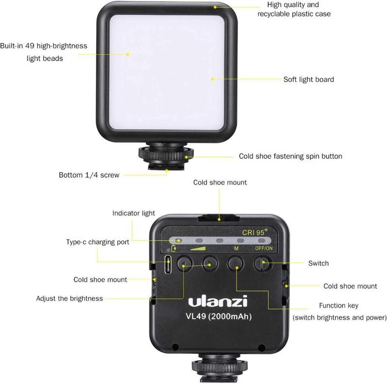 Photo 1 of Ulanzi VL49 LED Video Light for Camera Hot Shoe or Tripod for Vlog Camera Rigs, iPhones, GoPro, DSLR Cameras