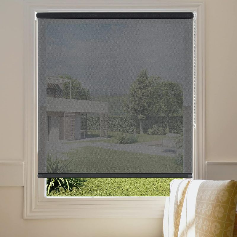 Photo 1 of Persilux Solar Roller Shade for Windows Blinds (23" W x 72" H, Black) 5% Openness Flame Retardant Light Filtering Roller Window Shades for Home, French Doors, Kitchen, Easy to Install