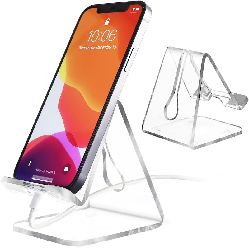 Photo 1 of JINSHVEG Acrylic Cell Phone Stand, Office Phone Holder, Office Desk Accessories Clear Phone Stand , Compatible with 4-10'' Phone 13 Pro Max , Android Smartphone, Office Supplies
