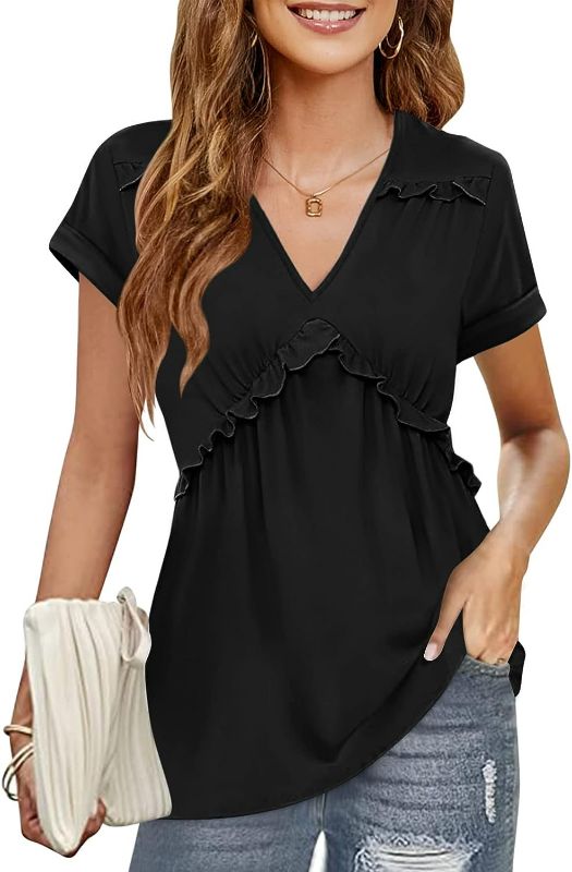 Photo 1 of Dellytop Women V Neck Short Sleeve Ruffle T Shirts Summer Loose Tunic Top Flounce Babydoll Casual Cute Tee Blouse (LARGE)