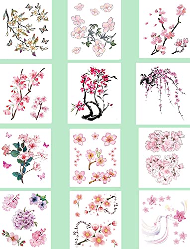 Photo 1 of 12 Sheets Cherry Blossoms Temporary Tattoo Sticker for Women Body Art in Spring Summer
