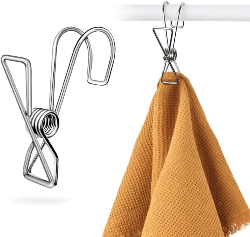 Photo 1 of 304 Stainless Steel Short Tail Hanger Clip with Hook, Durable Hanging Clips, Heavy Duty Multifunctional Hangers Use for Display Storage Items (16)
