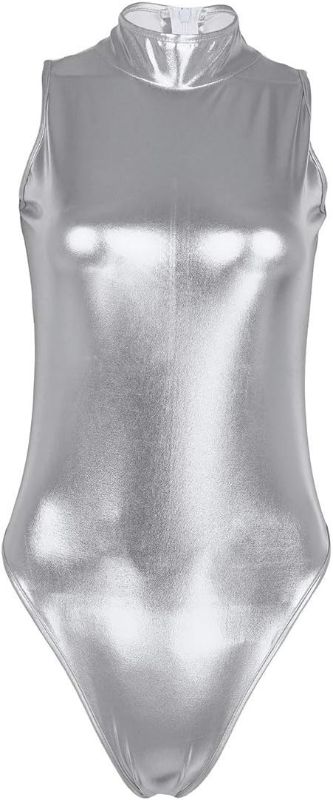 Photo 1 of CHICTRY Womens Shiny Metallic Wet Look Turtleneck Leotard High Cut Bodysuit Jumpsuit One Size
