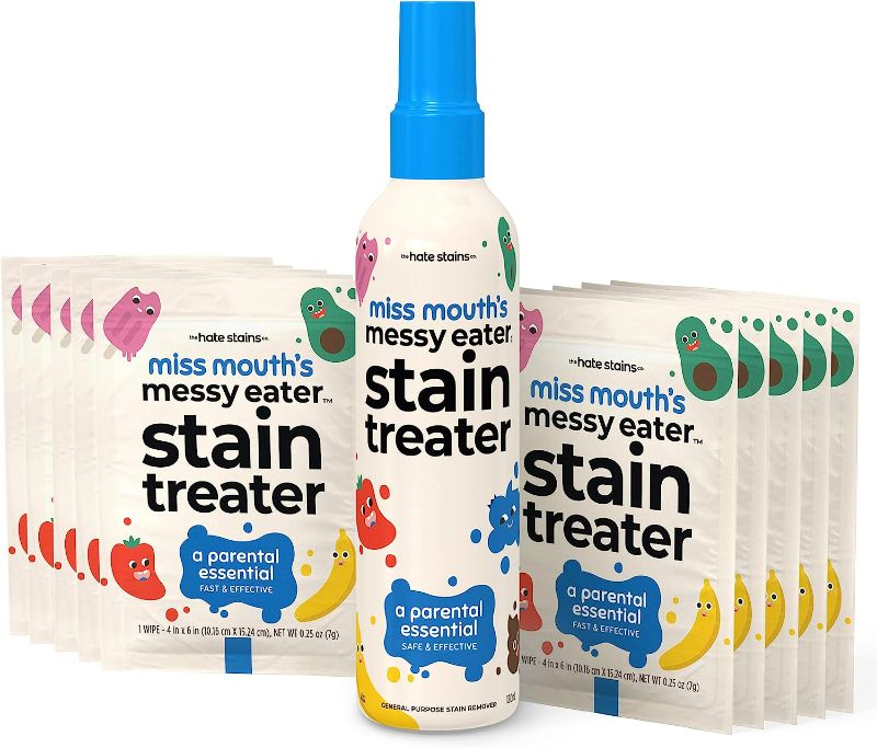 Photo 1 of HATE STAINS CO Stain Remover for Clothes - 4oz Spray & 10 Wipes - Newborn & Baby Essentials - Miss Mouth's Messy Eater Stain Treater Spray - No Dry Cleaning Food, Grease, Coffee Off Laundry, Underwear, Fabric
