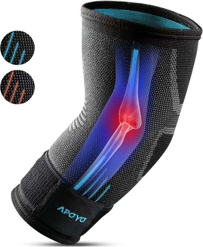 Photo 1 of APOYO Elbow Brace for Tendonitis and Tennis Elbow, Elbow Compression Sleeve, Tennis Elbow Brace for Women and Men w/ Adjustable Strap for Tennis Elbow Relief, Weightlifting, Arthritis, Workouts, Reduce Joint Pain During Fitness Activity (Small)
