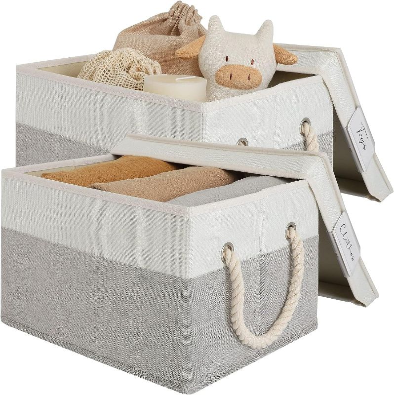 Photo 1 of LoforHoney Home Fabric Storage Bins with Lids for Organizing, Foldable Storage Boxes with Lids for Shelves, Clothes Baskets with Cotton Rope Handles, Closet Storage Bins, Large, Beige & Gray, 2-Pack
