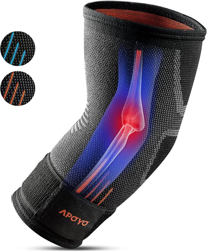 Photo 1 of APOYO Elbow Brace for Tendonitis and Tennis Elbow, Elbow Compression Sleeve, Tennis Elbow Brace for Women and Men w/ Adjustable Strap for Tennis Elbow Relief, Weightlifting, Arthritis, Workouts, Reduce Joint Pain During Fitness Activity (Medium)
