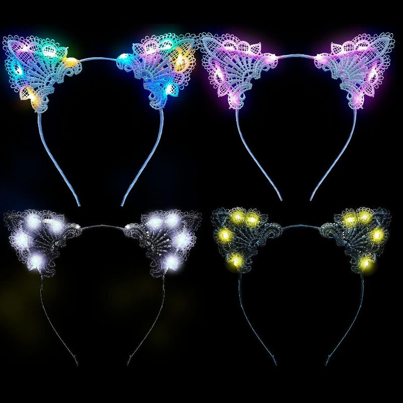 Photo 1 of Juexica 4 Pcs Lace Light up Cat Ears Headband LED Lace Cat Ears Headband Hair Accessories for Women Girls Christmas Fancy Dress Cosplay Party Favors