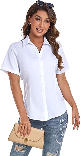 Photo 1 of Womens Button Down Short Sleeve Shirts Loose Fit Casual Formal Stretch Summer Blouse Shirt (XXL)