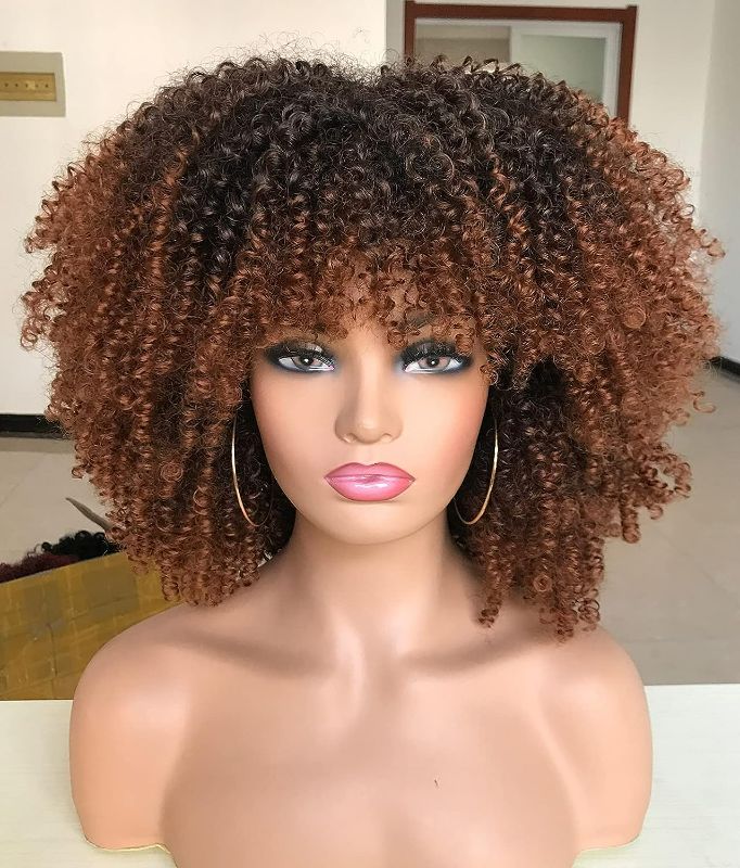 Photo 1 of  Short Curly Afro Wig With Bangs for Black Women Kinky Curly Hair Wig Afro Synthetic Full Wigs?Ombre Brown?