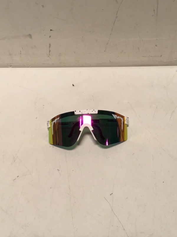 Photo 4 of 80s Pop Paint Splatter Rimless Half Rim Oversize Sport Plastic Sunglasses White Green Teal Mirror
