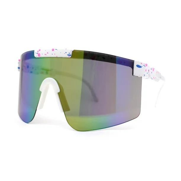 Photo 1 of 80s Pop Paint Splatter Rimless Half Rim Oversize Sport Plastic Sunglasses White Green Teal Mirror
