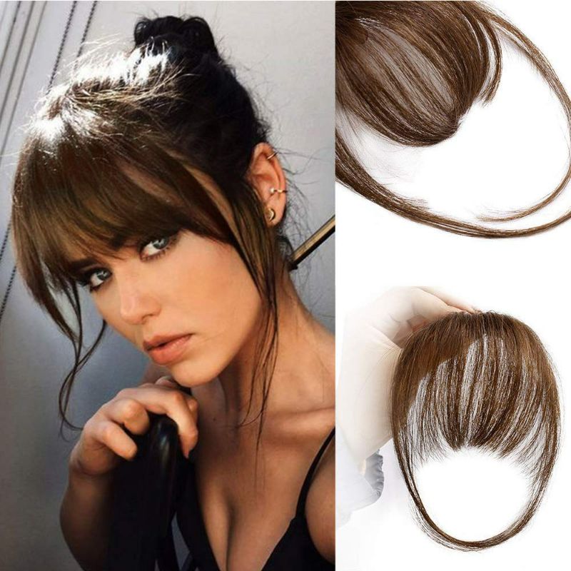 Photo 1 of AISI QUEENS Clip in Bangs 100% Human Hair Extensions Medium Brown Clip on Fringe Bangs with nice net Natural Flat neat Bangs with Temples for women One Piece Hairpiece (Wispy Bangs, Medium Brown)
