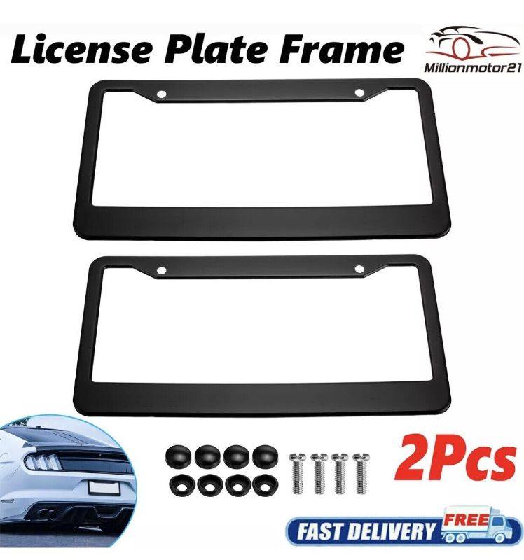 Photo 1 of 2Pcs Metal License Plate Frame Tag Cover Screw Caps Stainless Steel Black New
