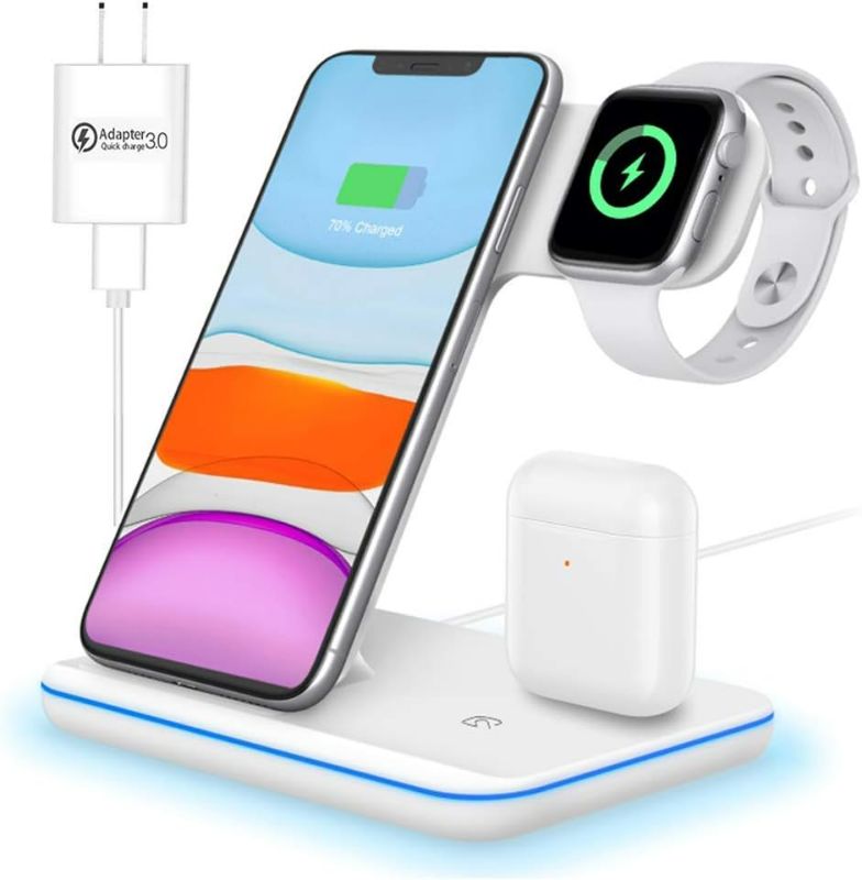 Photo 1 of Wireless Charger 3 in 1, Any warphone Wireless Charging Station for Multiple Devices, Charger Station Compatible with iPhone 14/13/12/11/Pro/Max/XS/XR/X/8, iWatch 8/7/6/SE/5/4/3/2, AirPods Pro/3/2/1