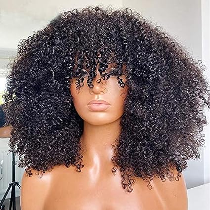Photo 1 of ARUKIHAIR Afro Kinky Curly Wig With Bangs Full Machine Made Scalp Top Wig 200 Density Virgin Brazilian Short Curly Human Hair Wigs Natural Color 14 inch
