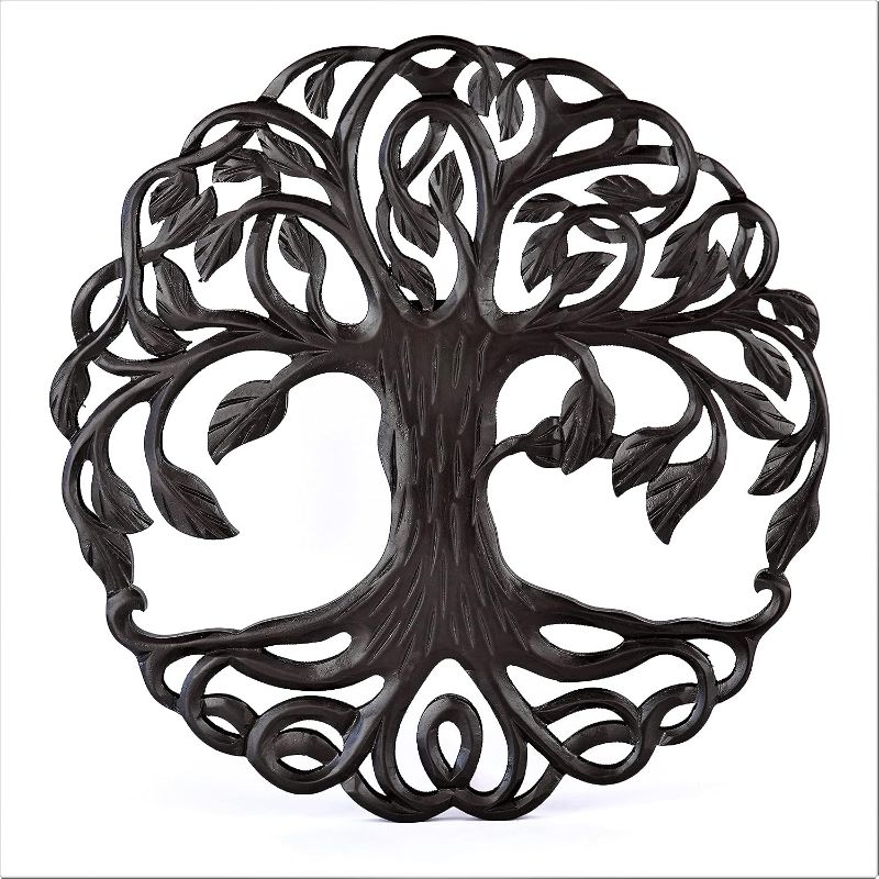 Photo 1 of ARTISENIA Hand Carved Tree of Life Wooden Wall Art Panel Indoor and Outdoor Wall Hanging Sculpture | Wood Wall Panel 16 Inch Dia (Design1)
