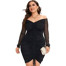 Photo 1 of Women's Black Dress Summer Off Shoulder Mesh Panel Ruched Bodycon Dress Casual Sexy for Party (XXL)