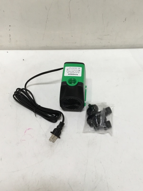 Photo 1 of VIVOSUN 800GPH Submersible Pump(3000L/H, 24W), Ultra Quiet Water Pump with 10ft. High Lift, Fountain Pump with 6.5ft. Power Cord, 3 Nozzles for Fish Tank, Pond, Aquarium, Statuary, Hydroponics