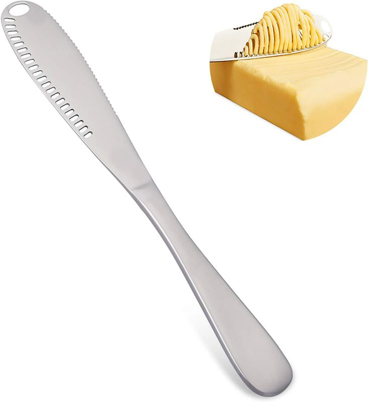 Photo 1 of Stainless Steel Butter Knife, Silvery Butter Knife, 3in1 Multi-function Butter Knife, Butter Curler & Spreader with Serrated Edge, Shredding Slots for Cutting Vegetables Fruit Cheese
